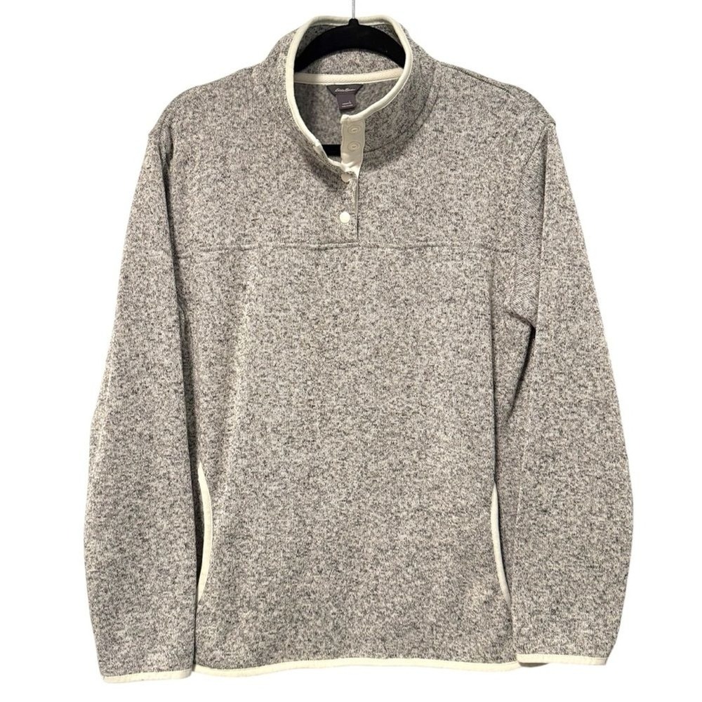 Eddie Bauer Pullover Gray Marled Knit Cozy. Snap Neck‎ Fleece Outdoor Women L